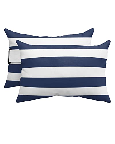 Navy and White Striped Outdoor Pillows with Insert Waterproof Classic Navy Blue White Patio Pillows with Adjustable Strap Decorative Head Recliner Lounger Chair Throw Pillows for Patio Furniture, 2pcs