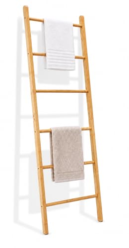 Toallero Escalera de 6 Niveles de Bambú, Estantería de Escalera Inclinada, Toallero de Pie de Escalera, Toallero de Baño para Colgar Toallas, Ideal para el Hogar y el Baño, 192x50x3.5cm