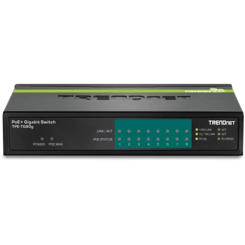 Image of TRENDnet 8-Port Gigabit PoE+ Switch, TPE-TG80G, 8 x Gigabit PoE+ Ports, 123W PoE Power Budget, 16 Gbps, Ethernet Splitter, NDAA & TAA Compliant, Metal, Lifetime Protection, Black,(Pack of 10)