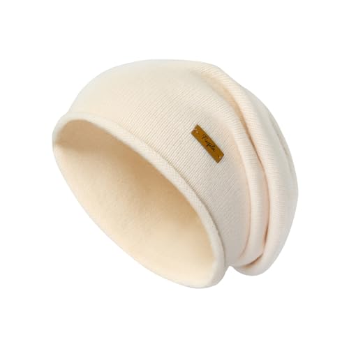 FUQILA 100% Merino Wool Slouchy Beanie Hat, Women Warm Winter Caps Soft, Ladies Breathable & Cozy Stretchy Knitted Skull Cap (US, Alpha, One Size, Beige)