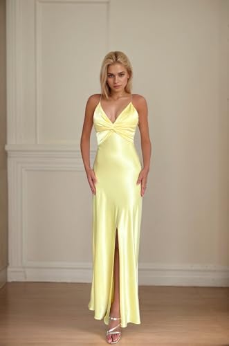 VGZ Satin Spaghetti Straps Prom Dresses with Slit V Neck Long Ruched Bridesmaid Dress for Women2