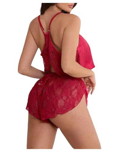 SHENHE Women's Satin Pajama Set 2 Piece Lace Crop Top and Shorts Sexy Bridal Wedding Pjs Burgundy Large