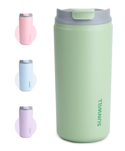SUNWILL Insulated Coffee Mug with Lid, Leak Proof Tumbler Stainless Steel, 12 oz Travel Cup for Office, Home, Powder Coated Matcha