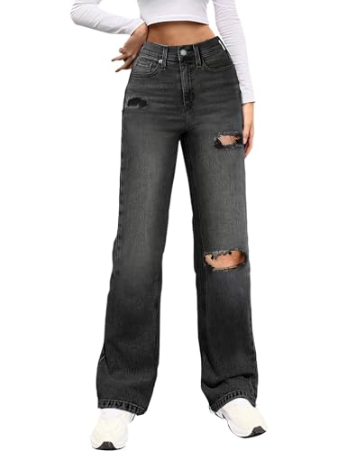 Genleck Women Loose Ripped Boyfriends Jeans High Waist Baggy Denim Pants Distressed Wide Leg Jeans Y2K Soft Black