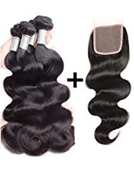 Perstar Hair Brazilian Body Wave with Closure Virgin Remy 3 Bundles with 4"4" lace closure 7A grade Uprocessed hair bundles with free part closure (18 20 22+18 free part, Natural Color)