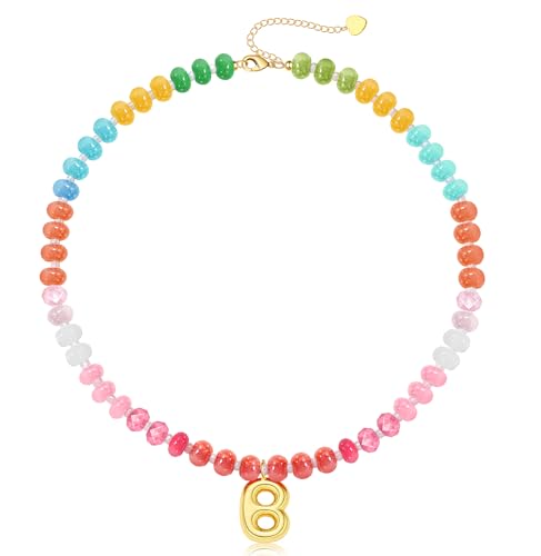 Initial Necklaces for Women, Beaded Necklaces for Women with Bubble Necklace Letter Stocking Stuffers for Teens Trendy Stuff Colorful Gemstone Choker 14k Gold Letter A-Z Pendant Summer Beach Christmas Birthday Jewelry for Her Girlfriend Sister