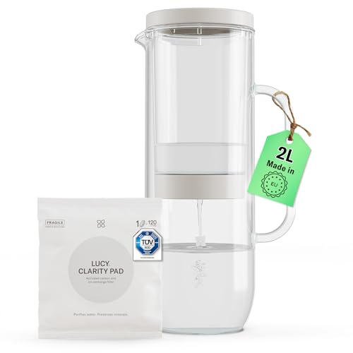 LUCY® Wasserfilter Karaffe 2L – Wasserkaraffe inkl. Aktivkohlefilter für sauberes Trinkwasser – Filtert Schadstoffe, bewahrt Mineralien wie Magnesium und Kalzium – BPA-frei, spülmaschinenfest