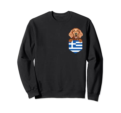 Greece Flag Irish Setter Dog In Pocket Sweatshirt, Black