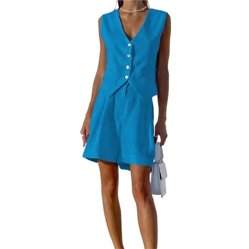 Womens 2 Piece Outfits Cotton Linen Suit Vest Suit Women's Summer Casual Sleeveless Vest Shorts Two-Piece Set(Dark Blue,M)