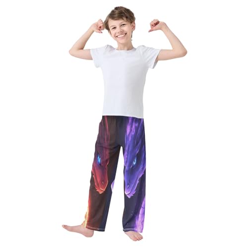 Red Purple Dragons Glowing Fire Pajama Lounge Pants with Pockets Sleepwear Soft Elastic Waist PJ Bottoms 6-14 Years3