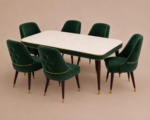 Image of WOODEN SPACE 6-Seater Wooden Dining Table Set | Nano Composite Marble Top | Solid Wood Base | Modern Dining Room Furniture with 6 Chairs (Grand Aura Dark Green)