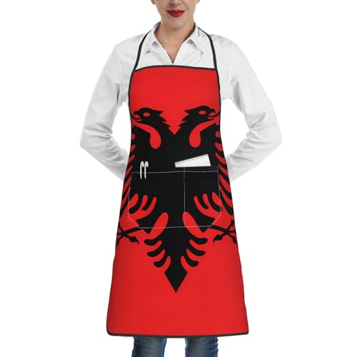 fdgbnm Grembiule con bandiera albanese. Impermeabile di alta qualità con tasca. 100% poliestere, senza pieghe, per cucina, barbecue, bar, salone.