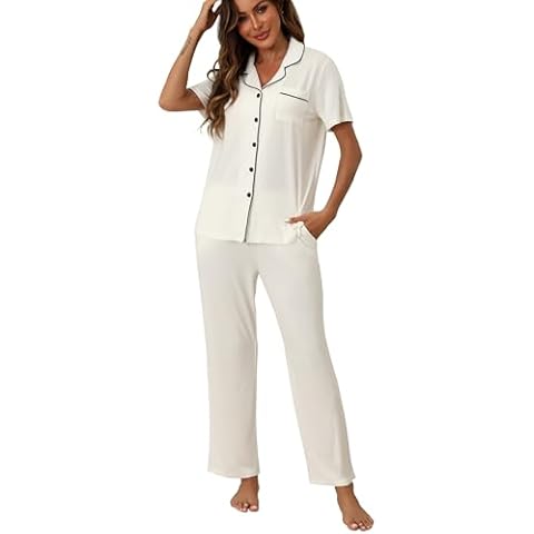 ZMJ Pajama For Women Short Sleeve Long Pants Pajamas For Women Womens Pajama Sets Button Down White XL Cover
