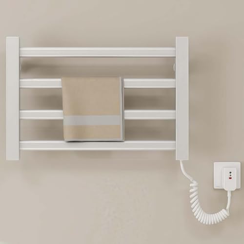RVUEM Toallero Calefactable Inteligente, Secatoallas De Pared De 80 W, Calentador De Toallas EléCtrico PequeñO, Temperatura Constante, 4 Barras, Enchufable, para BañO,Blanca,Right Line