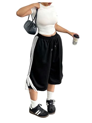 Verdusa Women's Plus Size Y2K Bow Lace Striped Capri Pants Drawstring Waist Wide Leg Cropped Pants