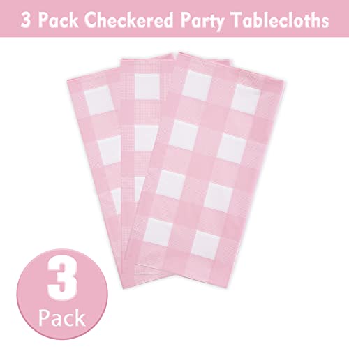 Image of Kesfey 3 Packs Pink Gingham Tablecloth Pink and White Checkered Tablecloths 54 x 108 Inches Disposable Plastic Gingham Tablecovers Waterproof Rectangle Picnic Table Covers for Birthday Party Supplies