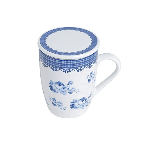 LYOR - Caneca de Porcelana Super White com Tampa e Filtro Grécia Azul/Branca 340ml