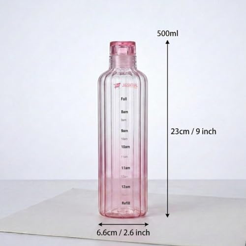 Image of Borosilicate Water Bottles, H2O Fridge Water Bottle with Cap, Leak proof & Airtight Lid, Water Bottle for Office, School, College - 500ml Bottles with Time Marker (Striped Pink)