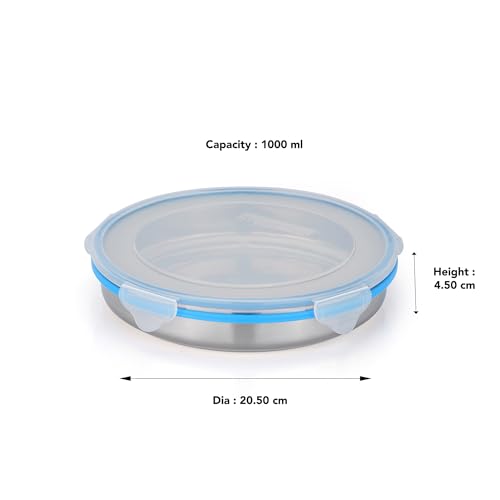 STEELLOCK Stainless Steel Airtight Flat Storage Container| Food Grade Certified| Transparent Top Silicon Lid With Clamp| 1 Pc Set, 1000 ml Each