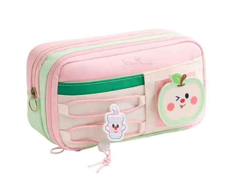 Image of Alokik Enterprise AlokikApple Green Pencil Pouch for Girls, Large Capacity Cute Cartoon Zipper Pencil Case with Front Pocket & Badge, Multi-Compartment Aesthetic Stationery Organizer (Apple - Green)
