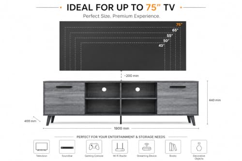 Image of Moku Engineered Wood TV Unit for Up to 75 Inch TVs | Modern Entertainment Center with Storage Cabinets & Open Shelves | Wooden TV Cabinet for Living Room | Grey Oak Finish