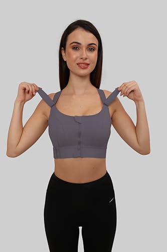 Image of GLAMORAS Women Poly Spandex Padded High Impact Front Zip Compression Sports Bra Criss Cross Back Adjustable Velcro Strap at Band & Shoulder for Gym, Yoga, Running, Fitness & Workout - Size: M-4XL