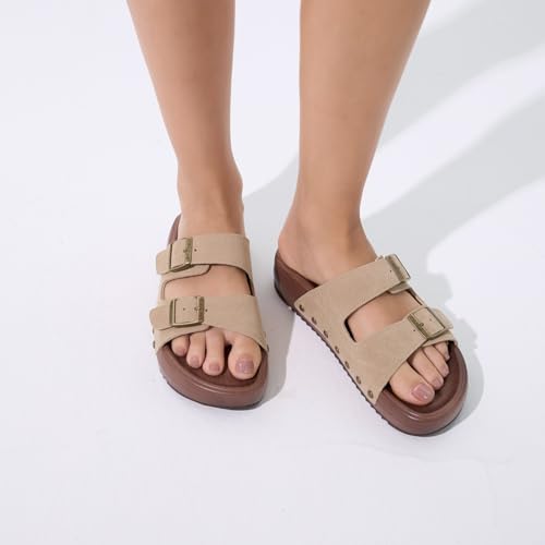 Image of UBFEN Womens Platform Slide Sandals | Real Leather,Buckle Sandals with Cushioned Flatform Footbed,Comfortable for Walking,Arch Support,Casual Styling