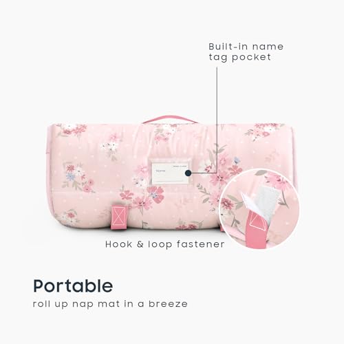 Image of Wake In Cloud - Toddler Nap Mat with Pillow and Blanket, 100% Cotton Fabric, for Kids Girls Ages 3 Plus in Daycare Kindergarten Preschool, Roll Up Sleeping Bag, Floral Flowers