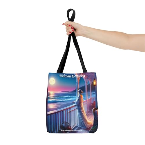 JujuVibe “Welcome to Healing” Tote Bag – Full Moon Beach Porch All-Over Print, Spun Polyester Shoulder Bag, 13"×13"4