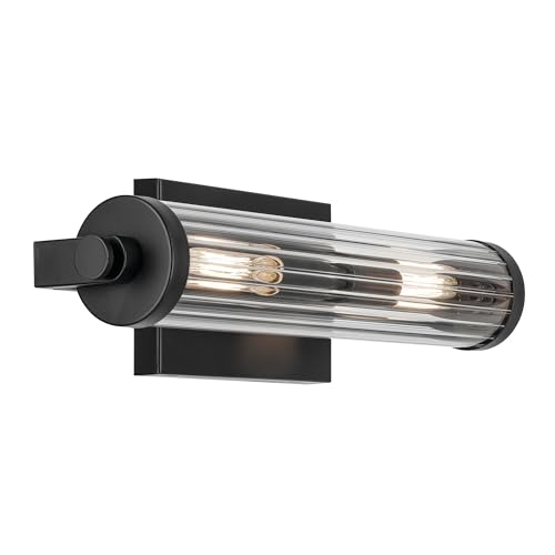 Image of KICHLER Azores 16 inch 2-Light Wall Sconce, Vintage Industrial Light with Clear Fluted Glass in Black, for Hallways, Bathroom, Laundry Room, or Kitchen (16 inch x 4.5 inch), 45648BK