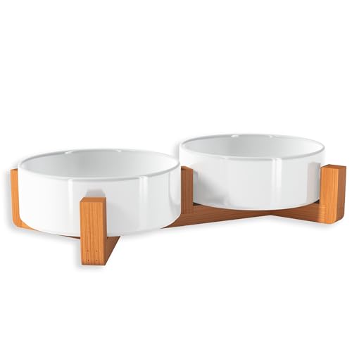OWLBOOK® Hundenapf Katzennapf Doppelnapf aus Keramik mit Bambus Gestell Futternapf Napf Wassernapf für Katzen Hunde Kleintiere Haustiere | Blanko |...