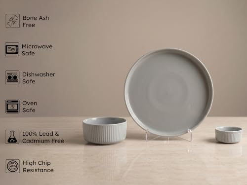 Image of Bodhi House 14-Piece Ribbed Porcelain Dinner Set for 6 | 6 Dinner Plates, 6 Katori & 2 Serving Bowls, Lightweight Microwave & Dishwasher Crockery Set for Home & Gifting, Pearl Grey