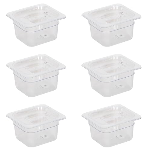 CTJ 6 Pack NSF Plastic Clear Food Pans with Lids 1/6 Size, 4'' Deep Commercial Food Storage Containers Polycarbonate Hotel Pans with Capacity Indicator for Fruits Vegetables Beans Corns
