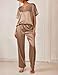 Ekouaer Satin Damen Schlafanzug V-Ausschnitt Pyjama Set Nachtwäsche Lang Pyjamahose Loungewear Freizeitanzug für Sommer,Kamel,L