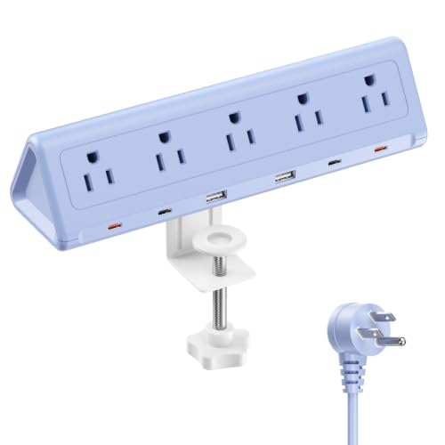 Image of 6.5 FT Desk Clamp Power Strip with 5 AC Outlets & 6 USB Ports PD 40W USB-C Fast Charging, Extension Cord with Multiple Outlets, Fits 2.1 in top Edge Blue