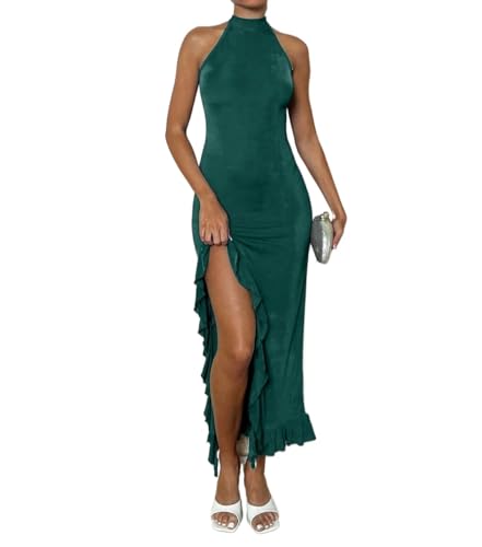 Womens Casual Long Dress Solid Color High Slit Ruffle Hem Dress