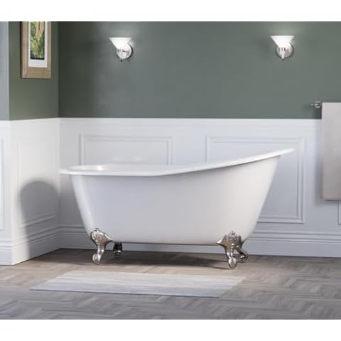 The Tub Connection 61" Clawfoot Cast Iron Slipper Bathtub with NO Faucet Holes & Brushed Nickel Feet- "Chariton" Cover