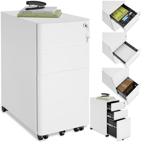 TecTake® Archivador Rodante de Acero, Cajonera Escritorio con Ruedas, Dos Cajones DIN-A4, Archivador Colgante, Cerradura, Rieles Telescópicos, Oficina, Muebles, Cajonera Oficina - 59,5x50x30cm Blanco