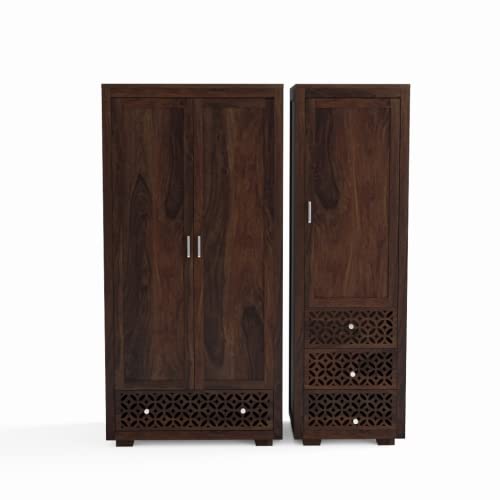 Image of Wooden 3 Door Wardrobe for Bedroom, Almirah with 4 Drawers & Multiple Shelves Storage, Solid Sheesham Wood, Walnut Finish
