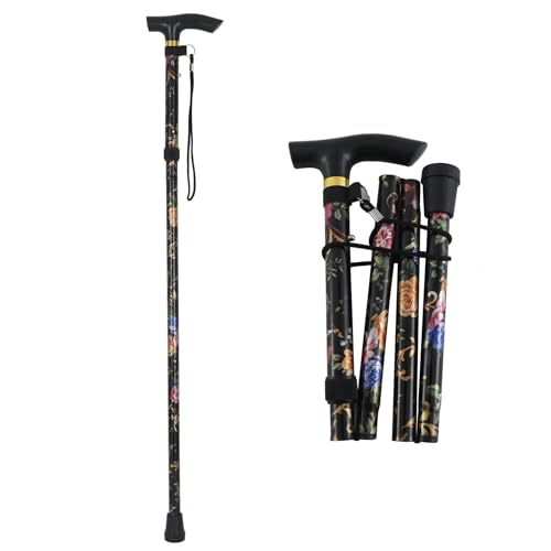 Canne de Marche Pliante,Canne Pliante Réglable avec Design Floral Bâton de Marche Réglable en Hauteur pour Marche Nordique, Alpinisme, Ski, Trekking