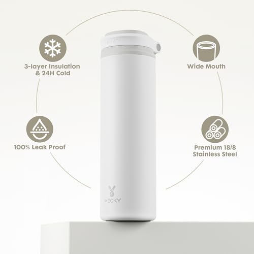 Image of Meoky 24 oz Insulated Water Bottle: Flip-to-Pop Straw, Leak Proof, 24H Cold, Fits in Car Cup Holder, Wide Mouth, BPA-Free, Metal Water Bottle for Travel Sports Gym Backpack, Pearl