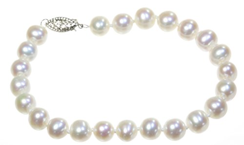 Preisvergleich Produktbild Klassisches 925 Sterling Silber Süßwasser-Zuchtperlen Damen - Strangarmband / Armband - 19cm Creme 7.0-7.5mm