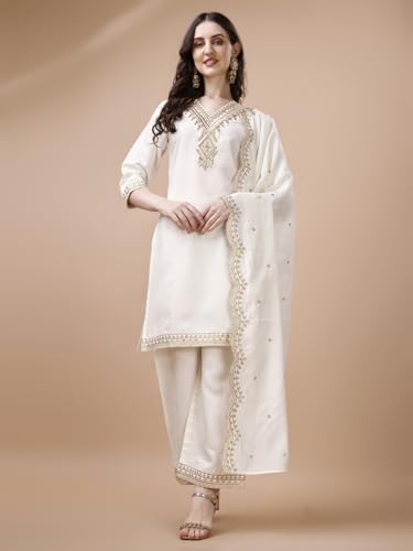 Image of Pratham Blue Kurta Set for Women Silk Embroidered Straight Kurta Set for Women with Palazzos and Dupatta