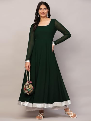 Image of KZA Women's Georgette Hand Embroidered Flared Anarkali Suit for Women | Full Sleeves Flare Anarkali Dress for Woman | Ethnic Flared Anarkali Kurta for Women