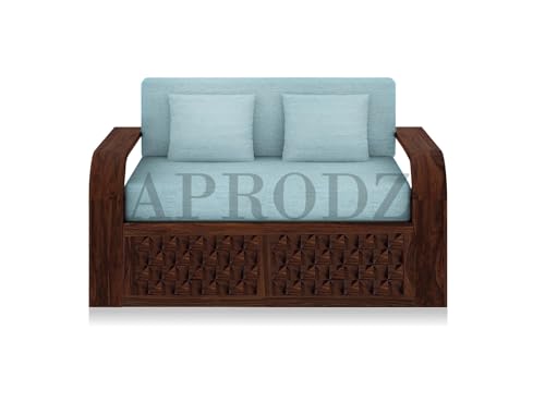 Image of APRODZ Solid Sheesham Wood Sofa Cum Bed 2 Seater Velevt Fabric with Turquoise Upholstery & Cushion Perfect Sofa Furniture for Home Living Office Room and Guests (Walnut Finish 75x51x30-Inch)