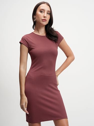 Image of Tokyo Talkies Women's Elegant Vertical Stripes Self-Design | Round Neck Sheath Dress | Ribbed Short Sleeves & Bodycon Fit for a Chic Look