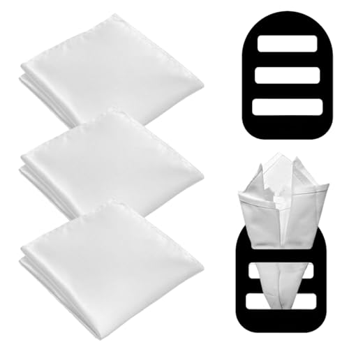 WeddHuis Pañuelos para Hombres, 3 Unidades Pre-doblado, Tela, Bolsillo Cuadrado Sedoso y Brillante, Pañuelo Traje, Blanco, Regalo de un sujetador de pañuelo (Tamaño 22 x 22 cm)