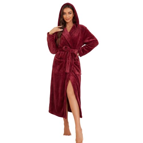 Image of Womens Long Hooded Fleece Robe, Soft Warm Spa Bathrobe for Cozy Lightweight Loungewear