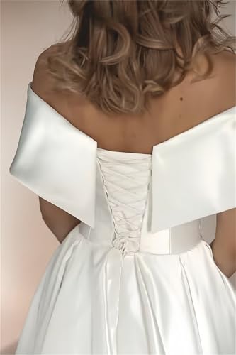 Image of Women's Off Shoulder Wedding Dress for Bride Tea Length A Line Satin Formal Prom Dresses with Pockets