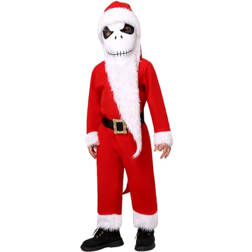 shyhand Skeleton Costume for Kids Nightmare Christmas Santa Costume Jumpsuit with Latex Mask Hat Belt Cosplay Outfits